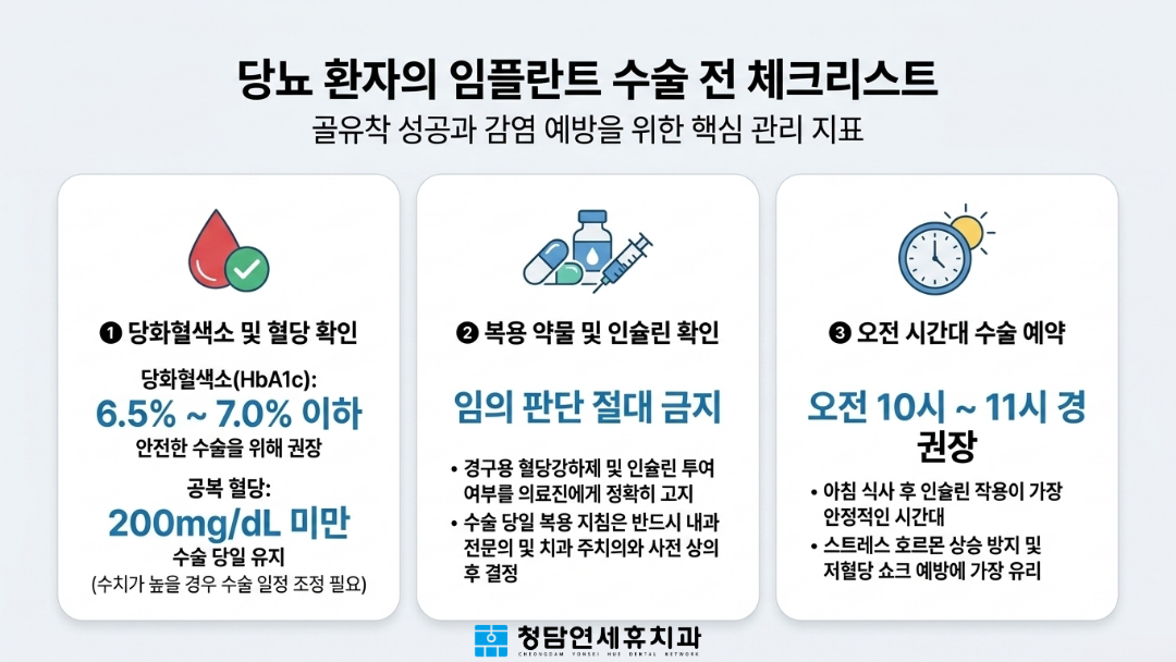당뇨 환자의 임플란트 수술 시 골유착 성공과 감염 예방을 위해서는 당화혈색소 7.0% 이하 유지 및 복용 약물 확인이 필수입니다. 또한 스트레스 호르몬 상승 방지와 저혈당 쇼크 예방을 위해 인슐린 작용이 가장 안정적인 오전 10시~11시경 수술을 권장합니다.