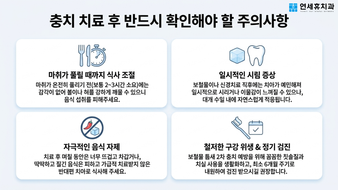 충치 치료 후 일시적인 시림 증상 안내 및 마취 시 식사 조절, 자극적인 음식 자제, 철저한 구강 위생 관리 등 필수 주의사항