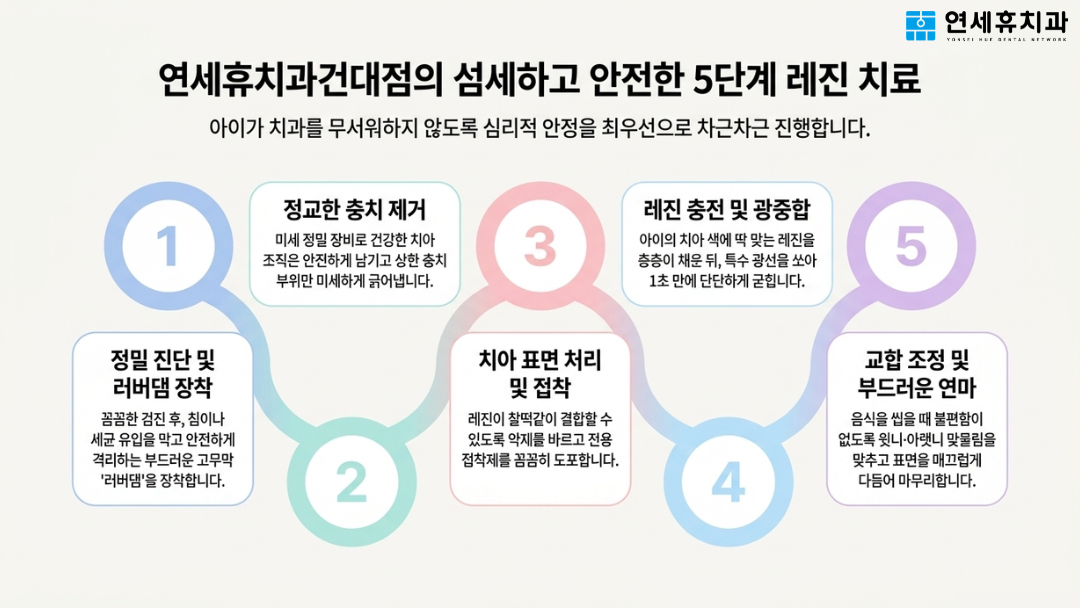 연세휴치과 건대점의 아이가 안심할 수 있는 섬세하고 안전한 소아 충치 레진 치료 5단계 과정 안내