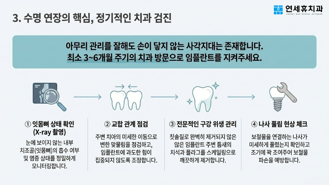 임플란트 수명 연장을 위한 3~6개월 주기 정기 치과 검진의 중요성 (X-ray 잇몸뼈 확인, 교합 점검, 스케일링 전문 구강 위생 관리, 나사 풀림 체크)