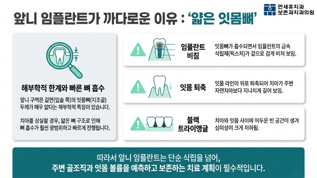 얇은 잇몸뼈 등 해부학적 한계를 고려해야 하는 앞니 임플란트의 특징