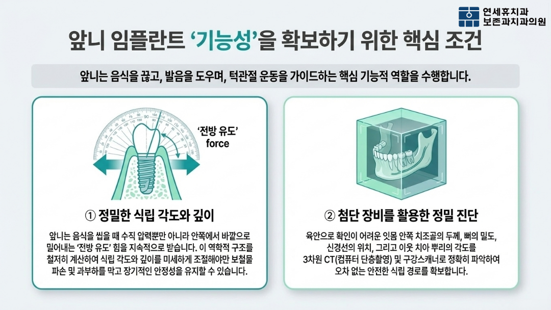 튼튼한 앞니 임플란트 기능성 확보를 위한 정밀 식립 각도 계산과 첨단 장비 진단
